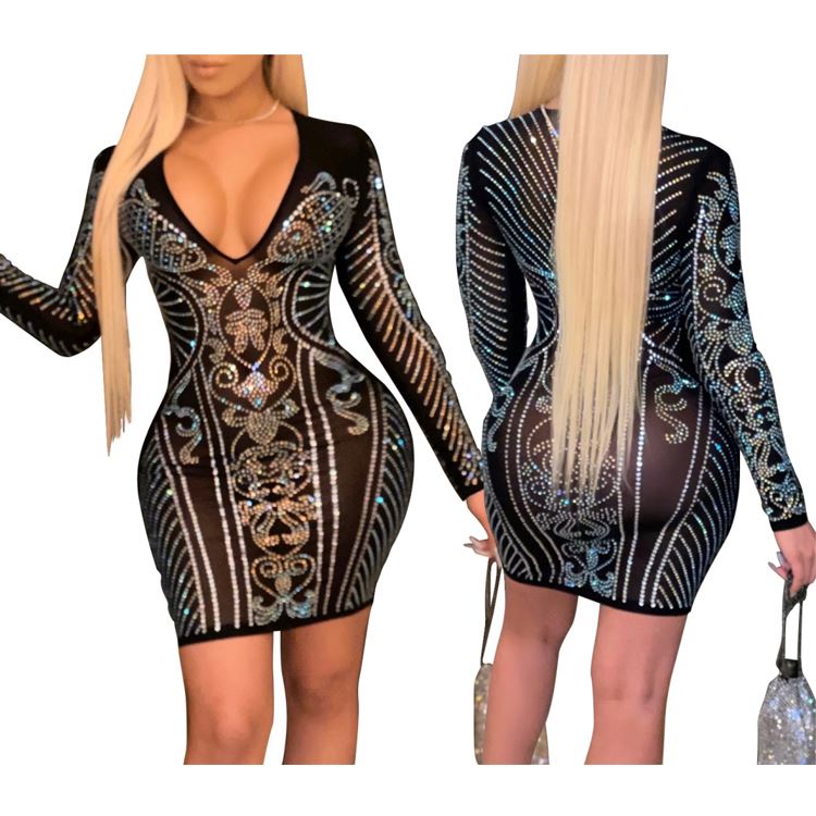S-2XL Fashion manufacturer suppliers wholesale rhinestone evening black rhinestone ladies dresses