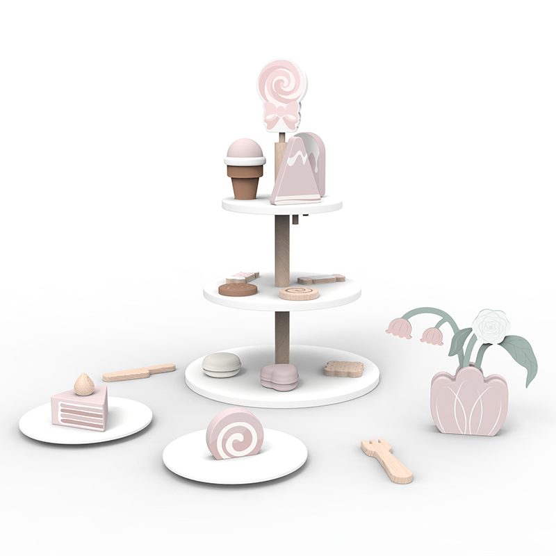Dessert Tray Toys Wooden Chocolate Cake Set Round Stand 3 Tier Cake Stand Toy Wooden Cake Set