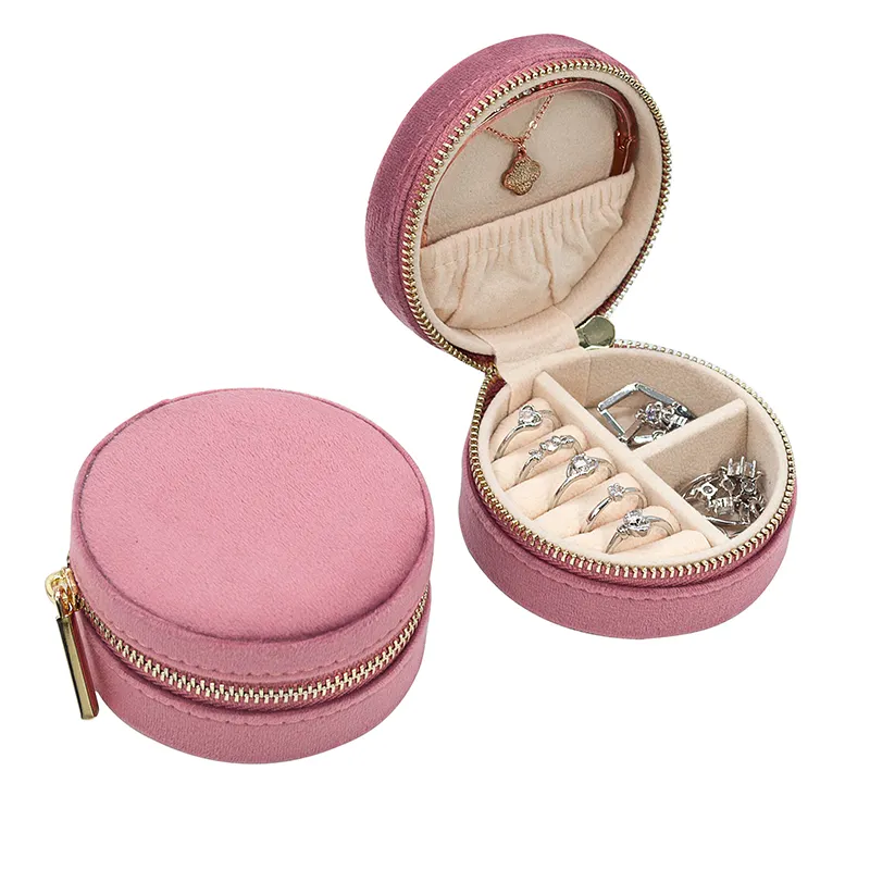 Travel Jewellery Box Cases Dropshipping Round Linen Travel Jewelry Zipper Box Low MOQ Jewellery Case For Girls