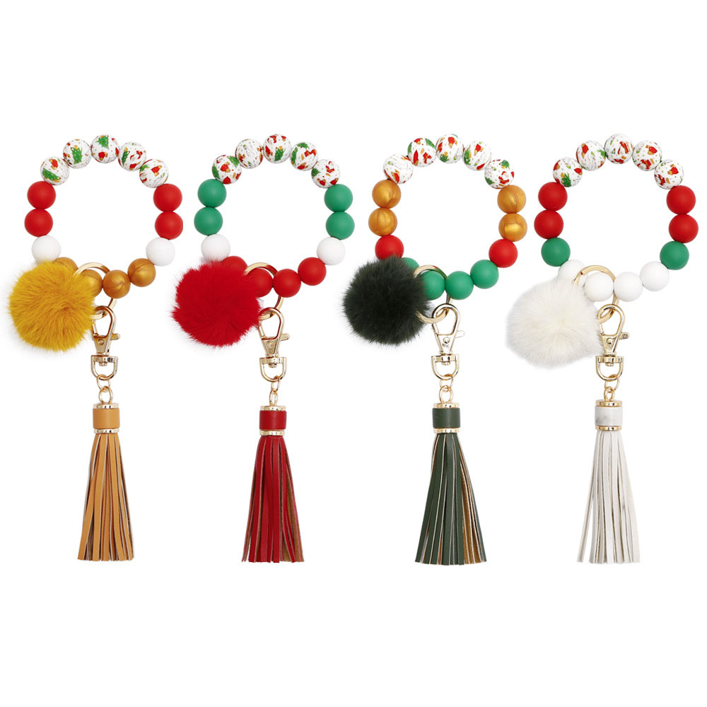 Christmas silicone beaded Christmas key chain Bracelet Women's beaded Bracelet Key chain with leather tassel