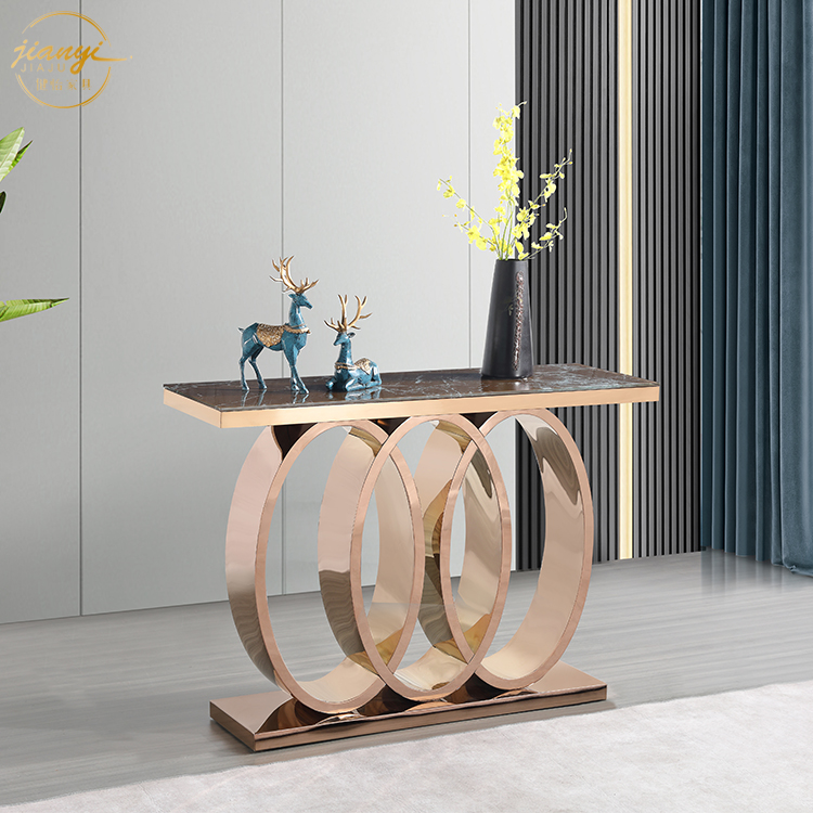 Modern Luxury Living Room Entry Table Rose Gold Nordic Stainless Steel Base Glass Console Table