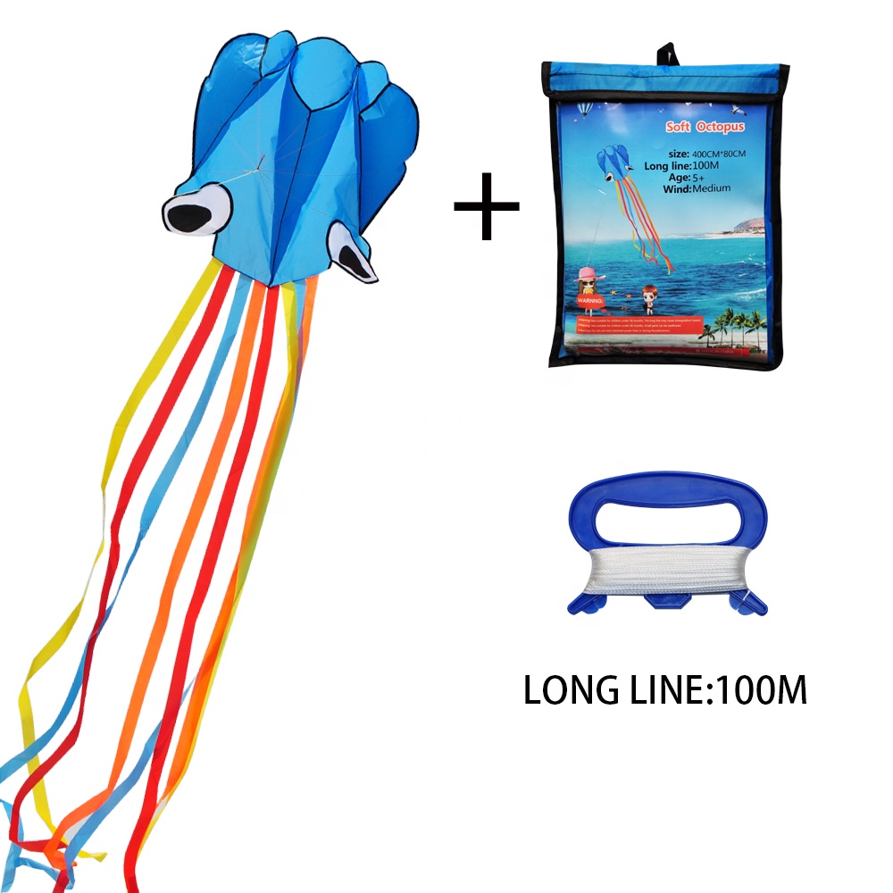 Single line blue color easy flying rainbow tails 3d 4m octopus animal kites for kids