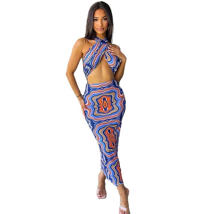 2021 women summer island style printed halter neck sleeveless sling top ladies sexy skirt two-piece suit casual dress