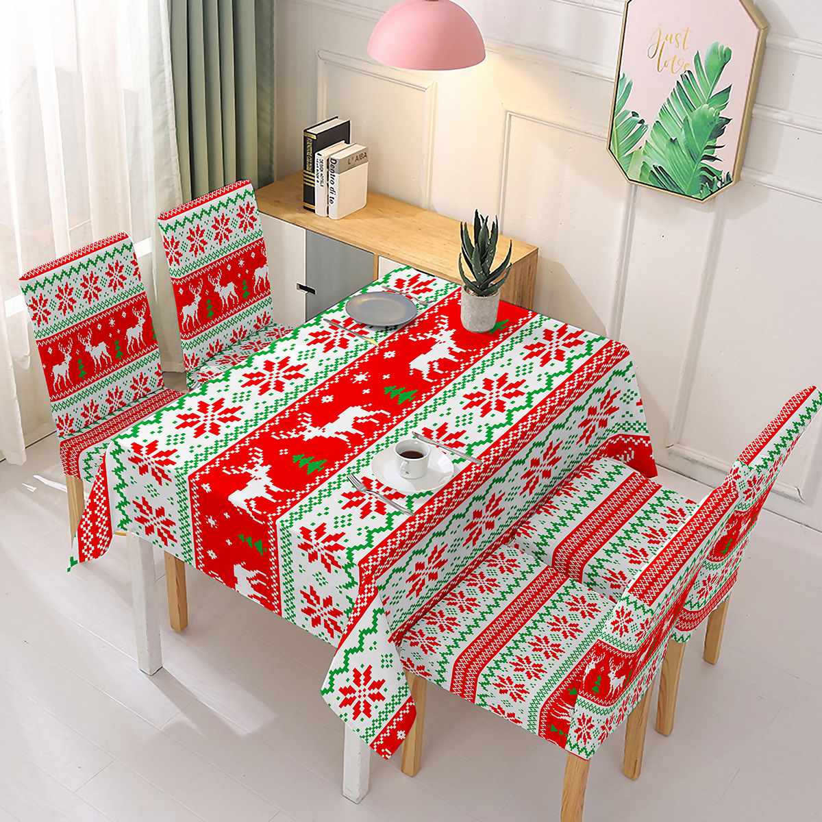 Christmas Fabric Tablecloth, Christmas Deer Printed Easy Care, Tablecloth for Holiday Home Christmas Party