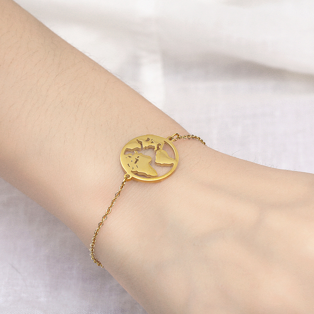 18k gold plated world map chain bracelet jewelry, stainless steel silver round anklet bracelets for women