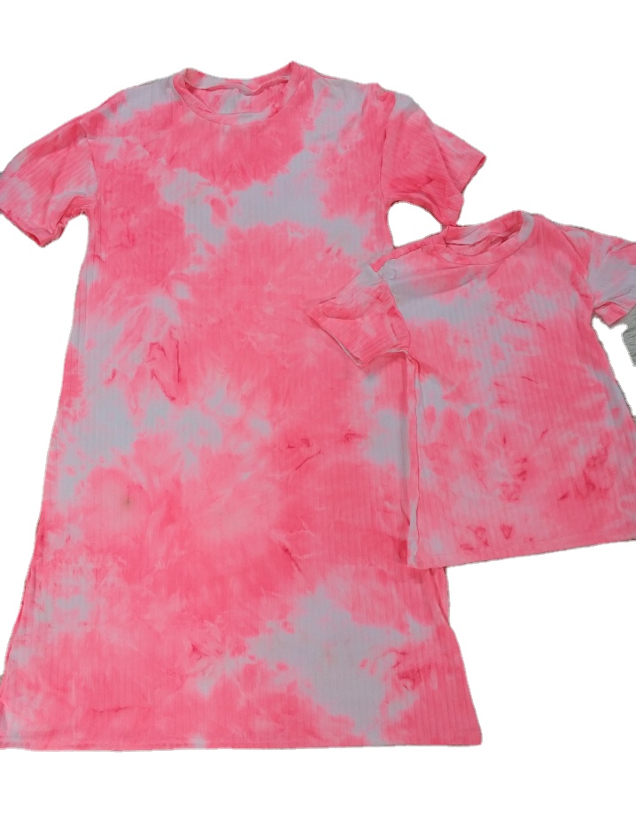 Wholesale Hot Selling Summer Mom and Me Pink Casual Tie-dye Short-sleeve T-shirt Dress