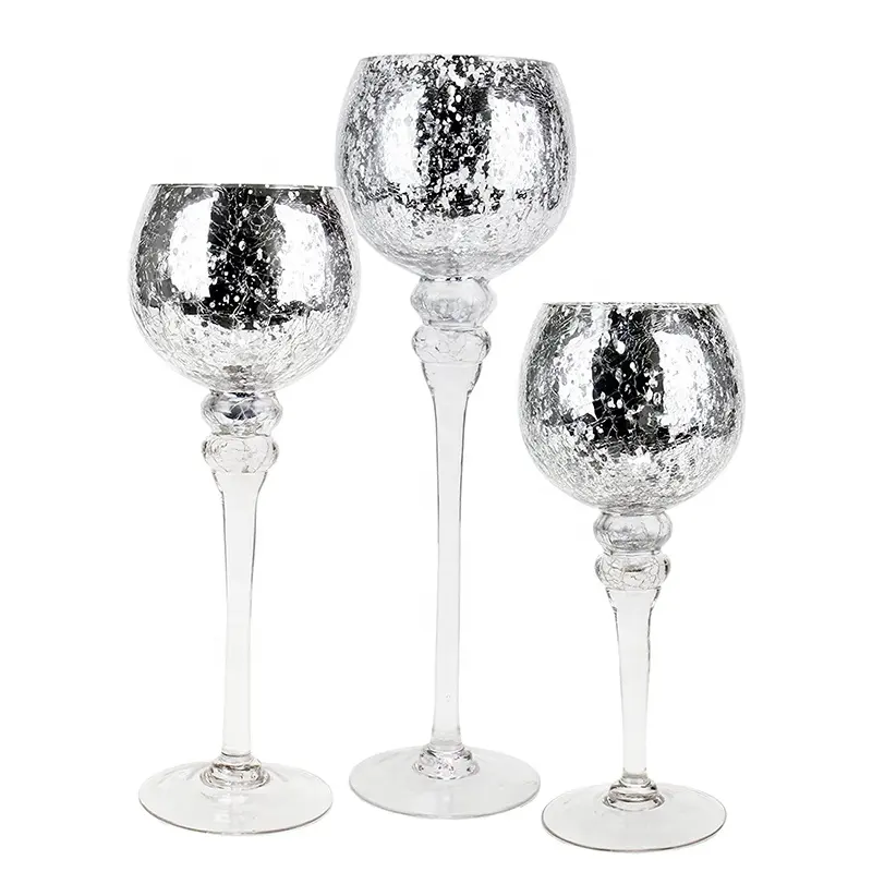 Set of 3 Sliver Mercury Crackle Glass Tealight Holders