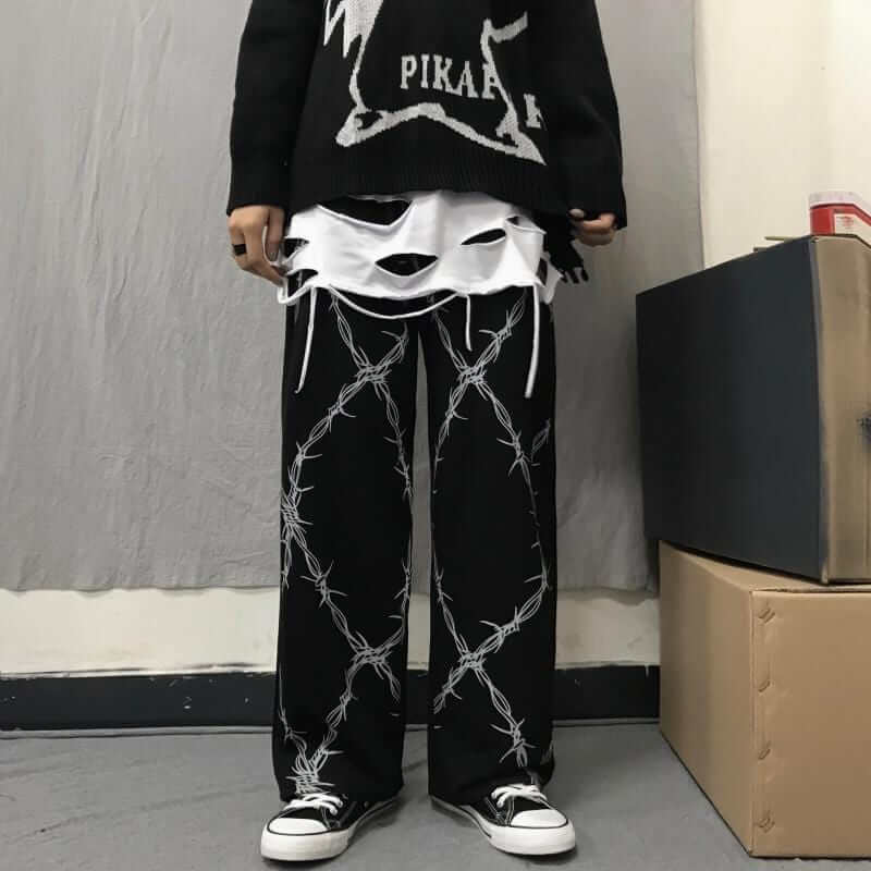 Custom Streetwear Heavyweight Cotton Drawings Barbed Wire Print Flared Baggy Wide Leg Sweatpants for Man