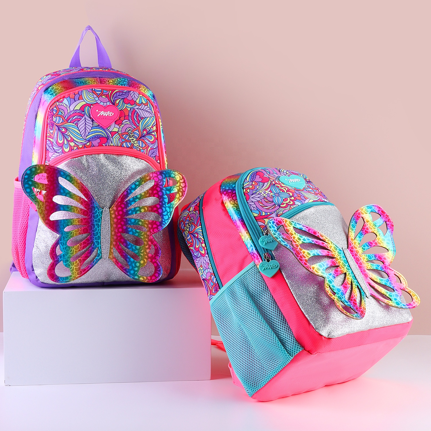 Girls Back To School Water Proof 3D Glitter Butterfly Animal Children Kids Backpacks Bags