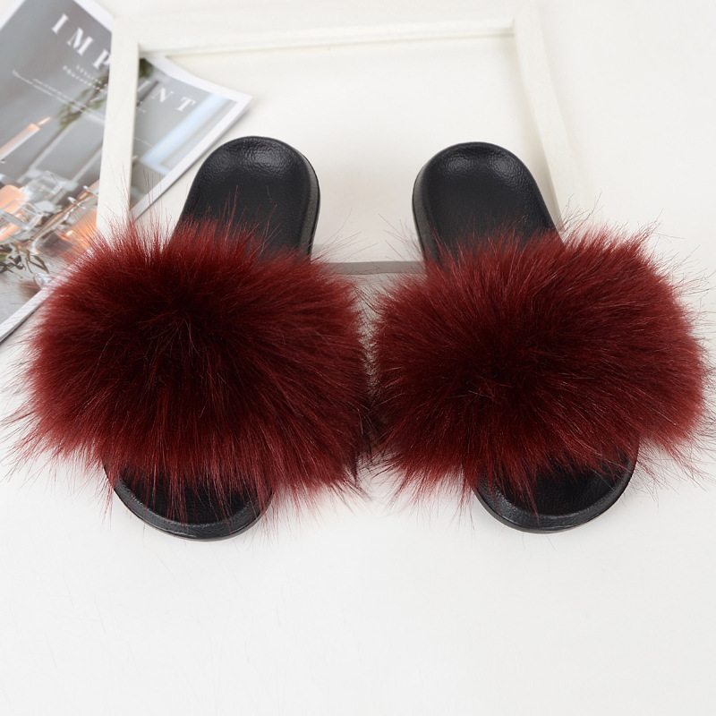 Wholesale High Quality Women's Flats Solid Faux Fox Fur Slides for Women