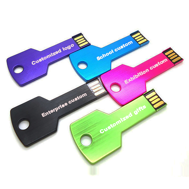Цветной металлический USB-накопитель в форме ключа 2,0 с лазерной печатью логотипа на заказ