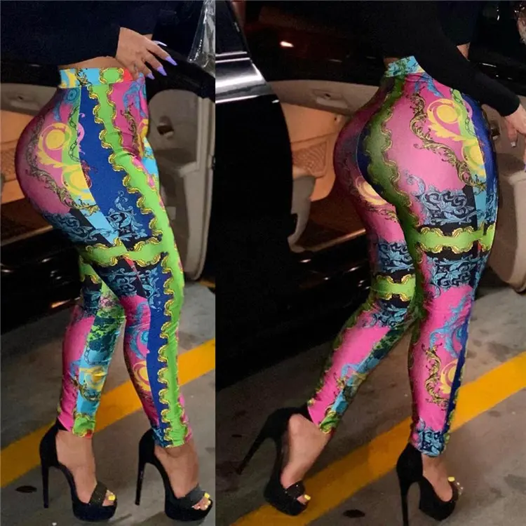 2021 New Fashion Sexy Tight Autumn And Winter Colorful Print Slim Women's Trousers