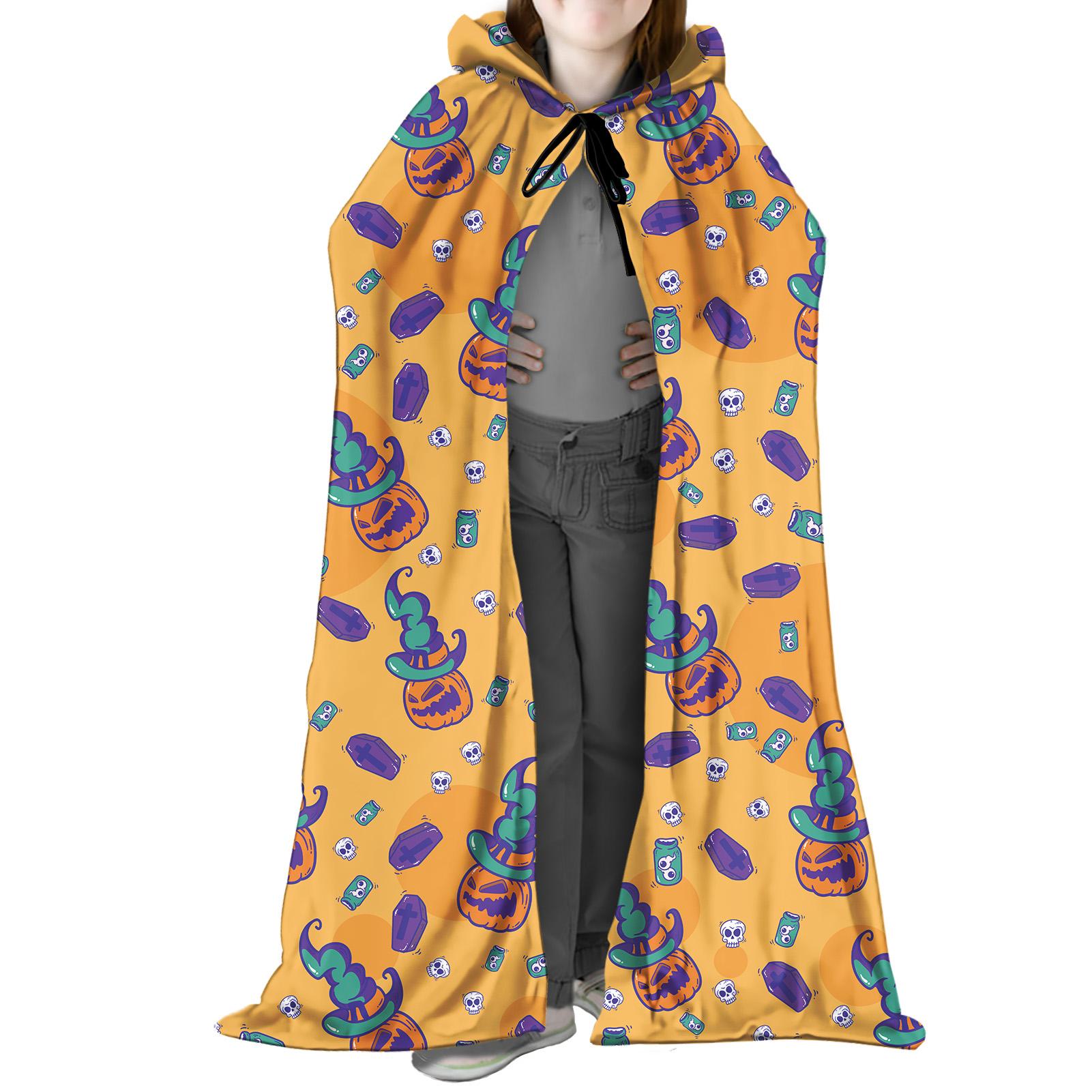 Yellow Pumpkin Ghost Printed Children's Cloak Witch Cape Halloween With Hood Polyester Wizard Halloween Cloak Wholesale Factory