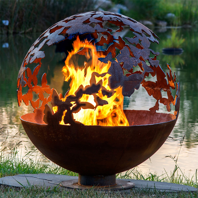 Garden Ornament Decorative Metal Statues Fire Sphere With Carved Image