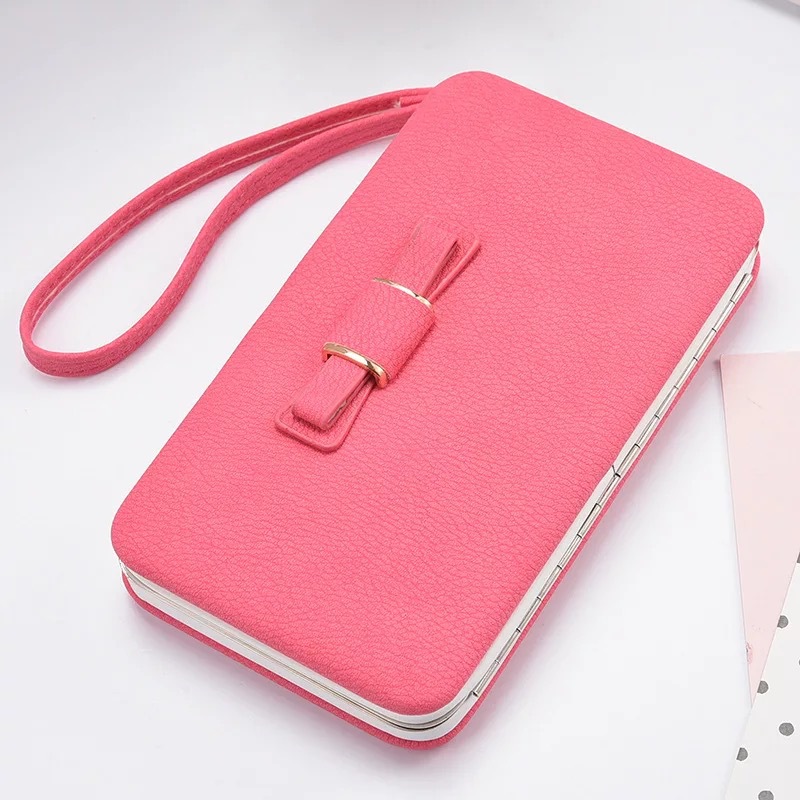 Wholesale Cheap Price Women Zipper Purse PU Leather Bowknot Cellphone Case Fashion Women Wallet With Handle Strap