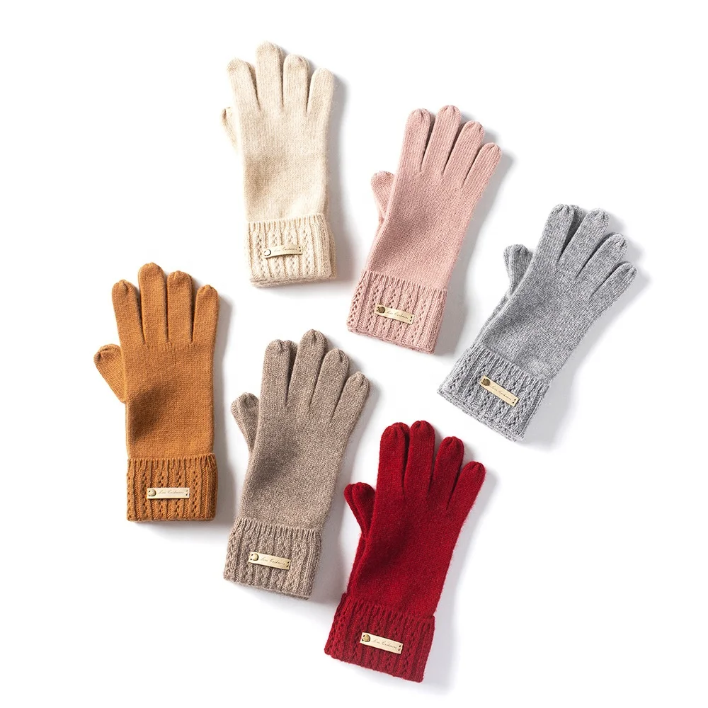 Custom design label Winter Real Pure Cashmere Knitted Glove hollow cuffed edge luxury fashion women full finger cashmere glove