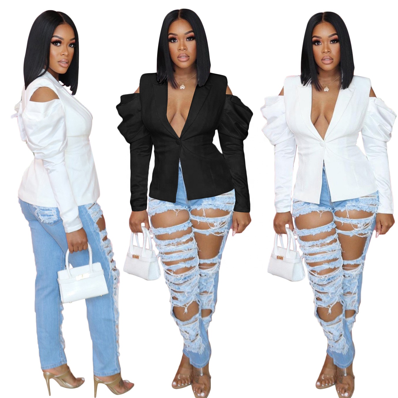 KX 2021 autumn hollow out business suits-women white blazer deep v neck puff sleeve blazer femme