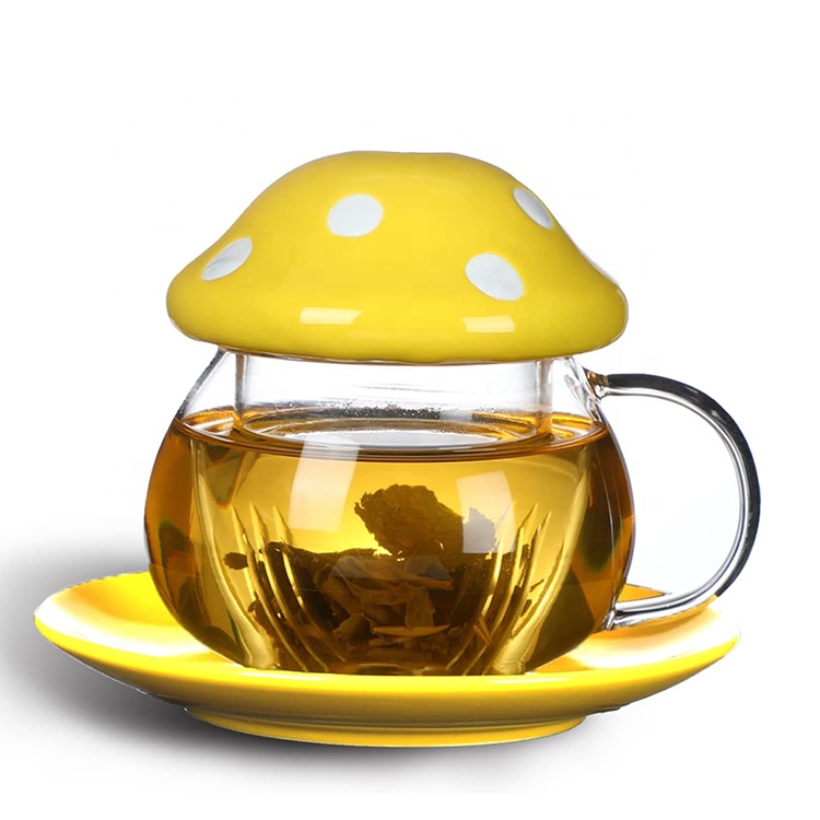 11oz Mushroom Colored Cute High Borosilicate Glass Coffee Infuser Teapot Mug with Ceramic Coaster & Lid