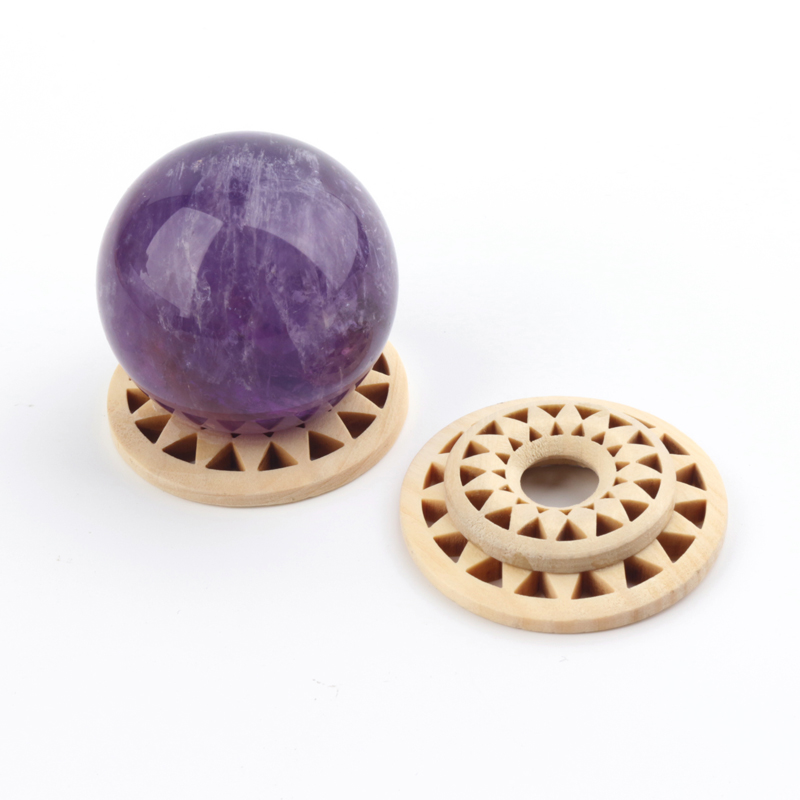 Natural Rock Quartz Crystal  Ball stand  sun shaped wooden Sphere holder