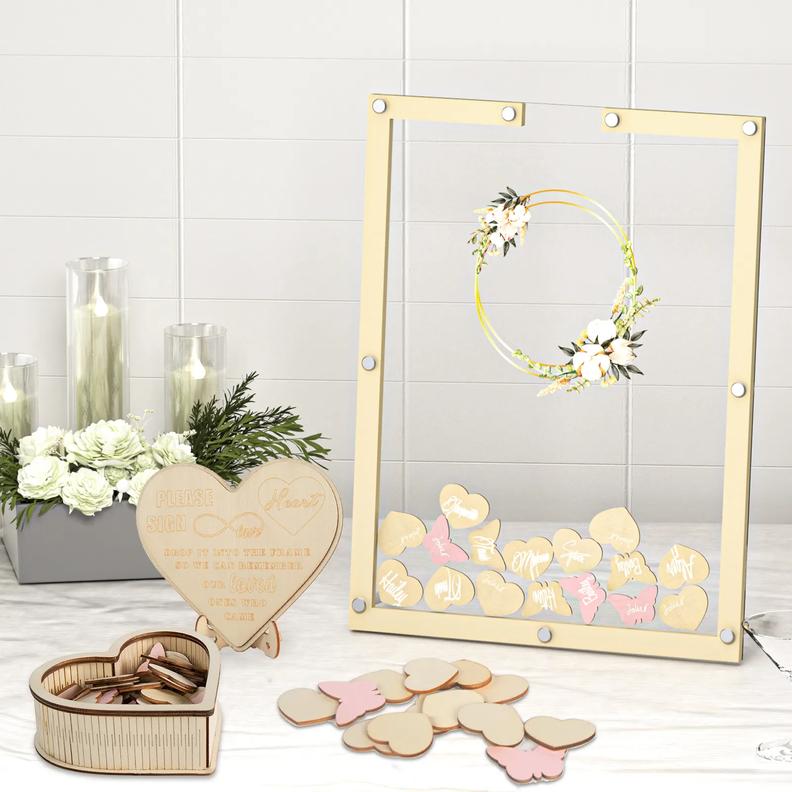 Wedding Guest Book Drop Top Frame Sign Book with 50PCS Wooden Hearts wedding book guestbook