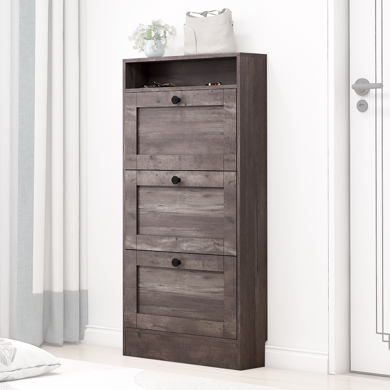 Ultra thin saving space three drawers chest single layer shoe cabinets flip door variety of colors shoe rack
