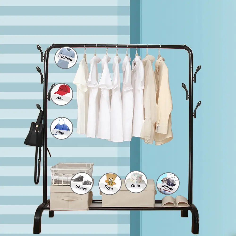 Simple Trending Heavy Duty Commercial Grade Rolling Clothes Garment Rack With Mesh Storage Shelf