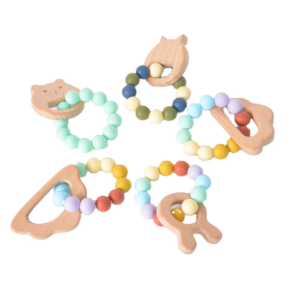 2021 New Design First Stage Baby Animal Teething Rings Wooden Rattle Sensory Toys Baby Toddler Teether Bracelet Set