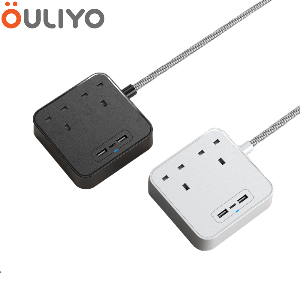 Portable Extension Lead with USB C Port 2 Way Outlets Power Strip with 3 USB Slots, Multi Plug Power Extension with Braided Cord