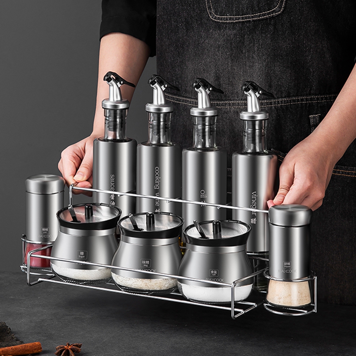 Maxcook Hot Sale 10pcs/set Kitchen Spice Rack Cooking Salt Container Oil Bottle Spice Jar Glass Container Seasoning Jar