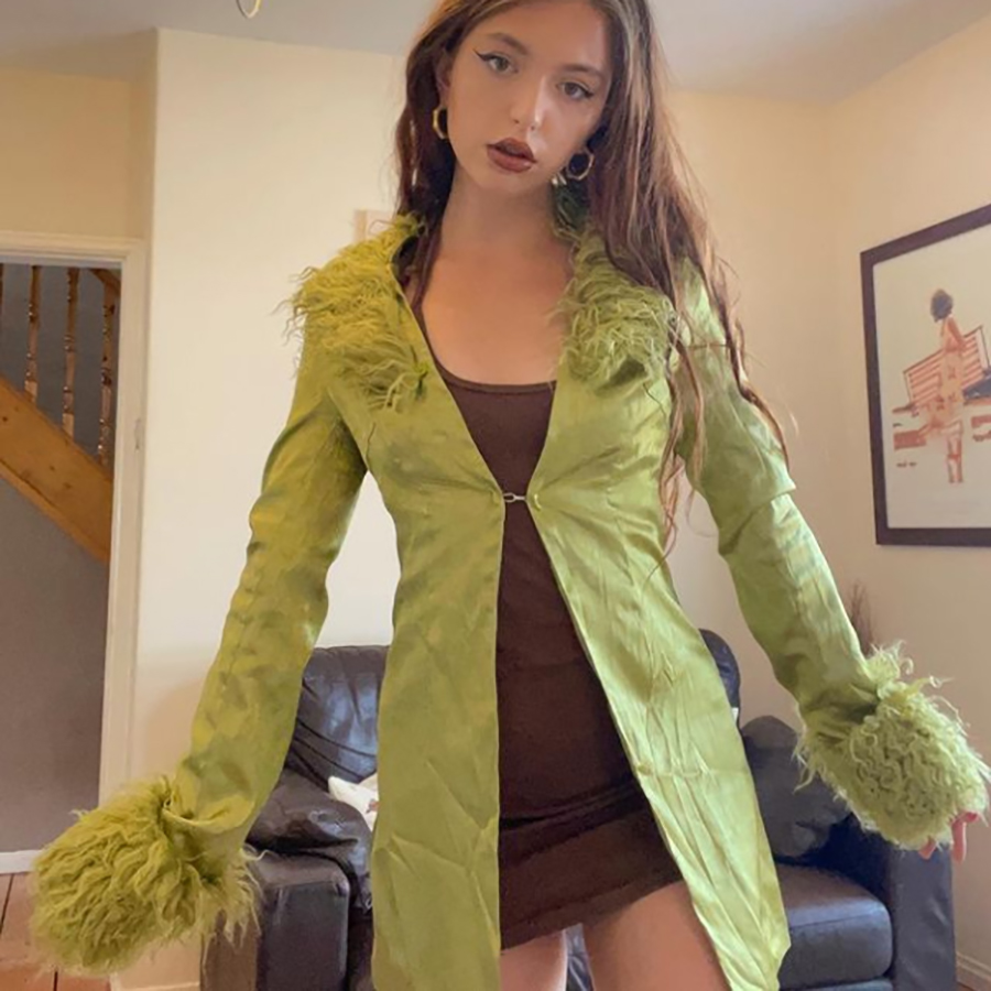 K21L05864 Fall 2021 Women Clothes Patchwork Casual Long Sleeve Lady Tops With Fluff Outwear Long Coat