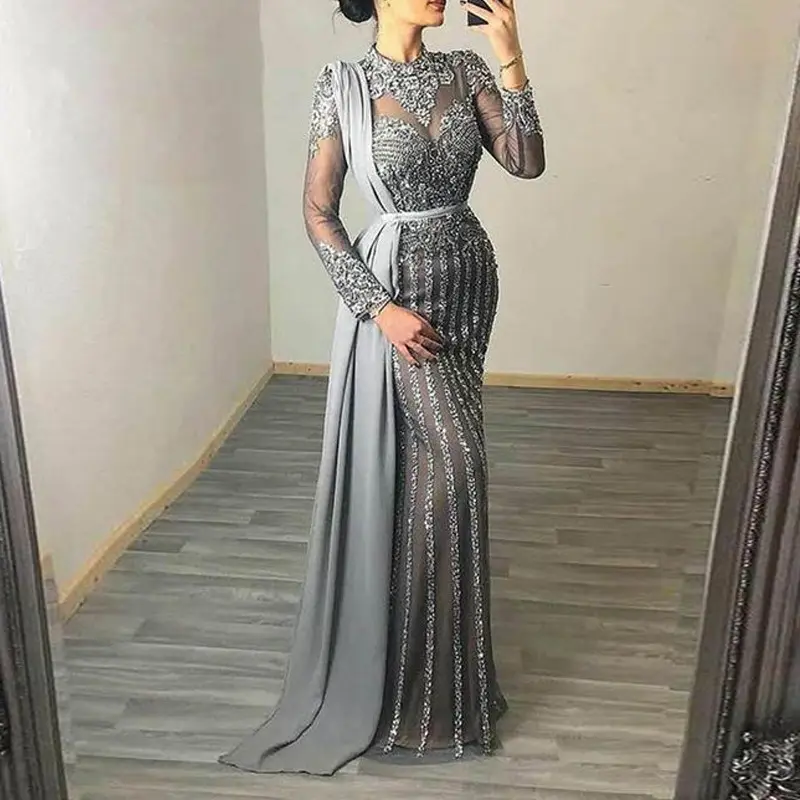WW003 New Arrival Women Temperament See-Through Slim Fit Luxury Evening Dresses Elegant Tailing Gown For Ladies Birthday Dresses