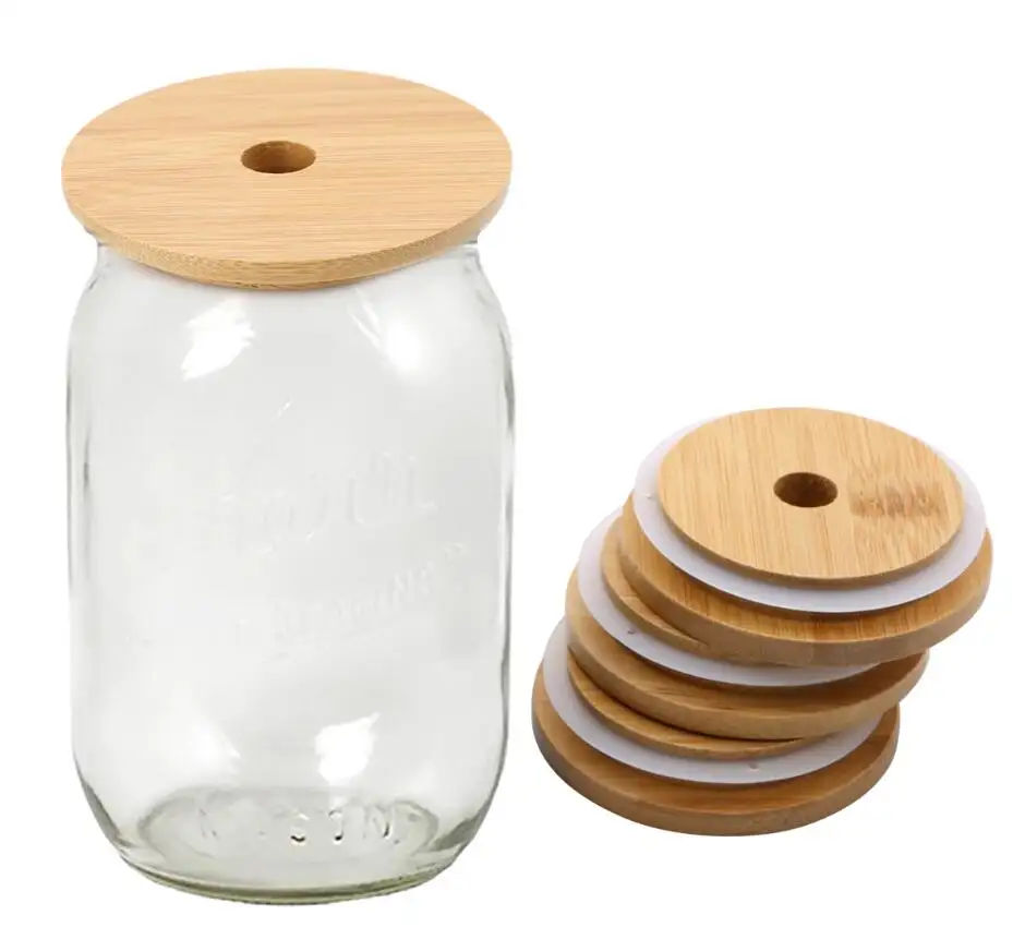 70mm/86mm Friendly Mason Lids Reusable Bamboo Caps Tops with Straw Hole and Silicone Seal for Masons Canning Drinking Jars Top