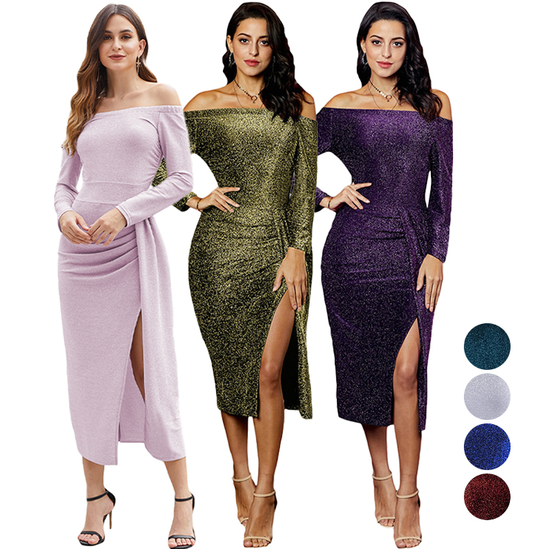 Wholesale Gowns Dresses Women Long Sleeve Prom Dresses Party Maxi Sequin Evening Dress