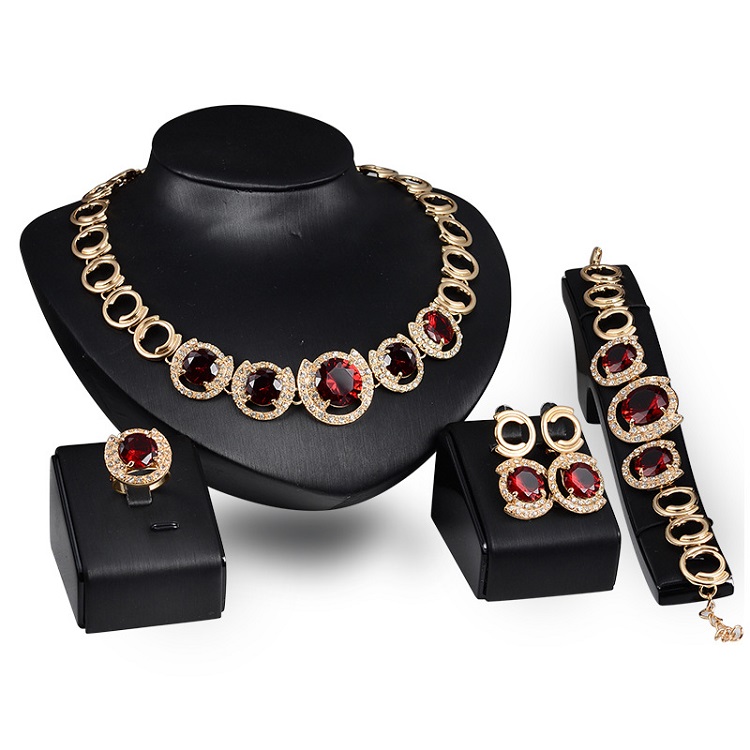 New 4 Piece Women Fashion Jewelry Sets African Red Luxury Saudi 18K Gold Plated Dubai Wedding Gift Crystal Bridal Jewelry Set