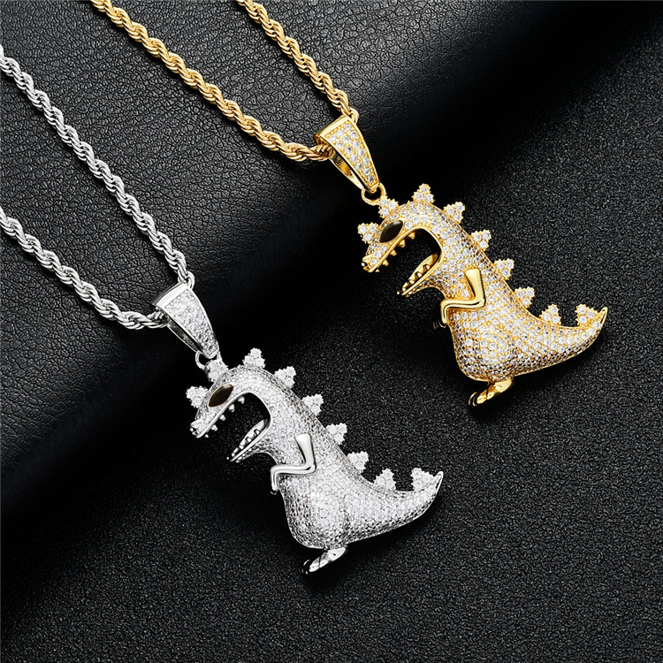 Hip hop mens gold silver plated necklace custom iced out dinosaur pendant accessories jewelry for gift dinosaur pendant