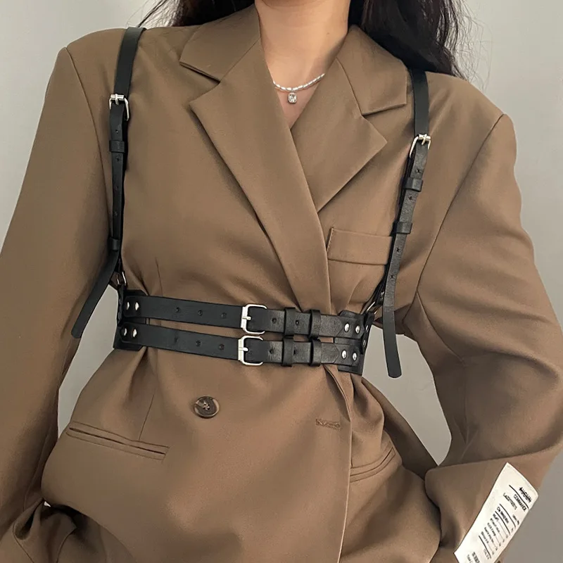 Punk Design Full Rivet Double Shoulder PU Leather Skirt Belt Suspenders For Men and Women