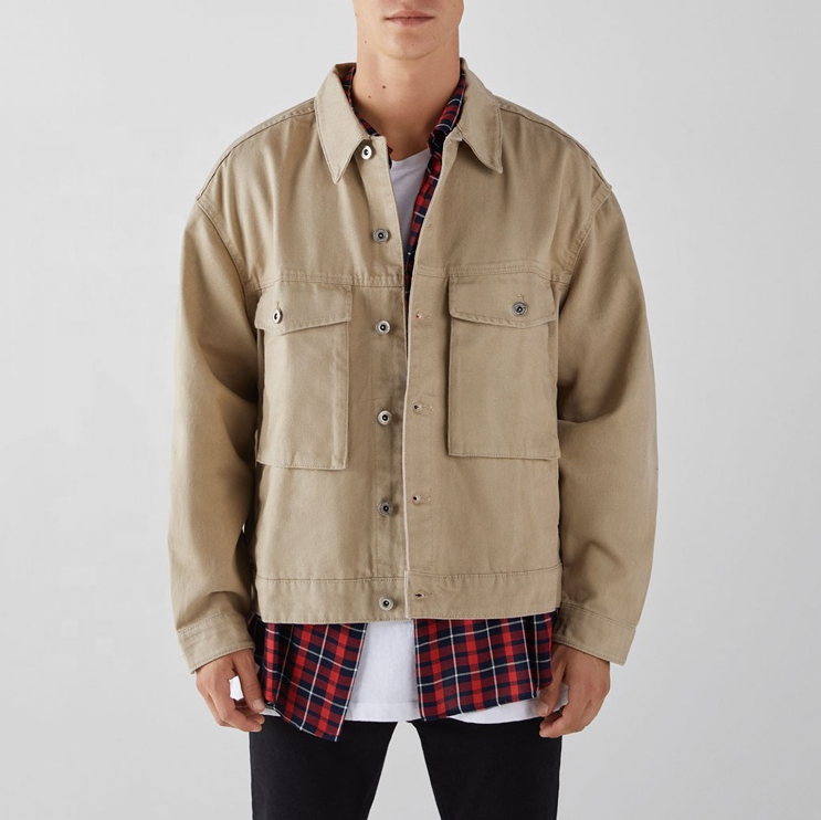 2019 пользовательские мужчины Loose Workwear Overshirt 100% хлопок Fit хаки холст джинсовая куртка