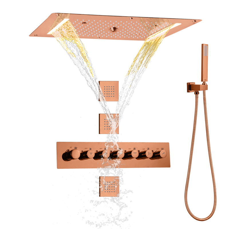 700X380 MM Rose Gold Rain Shower Head With Handheld Spray Thermostatic LED Bathroom Shower System Set