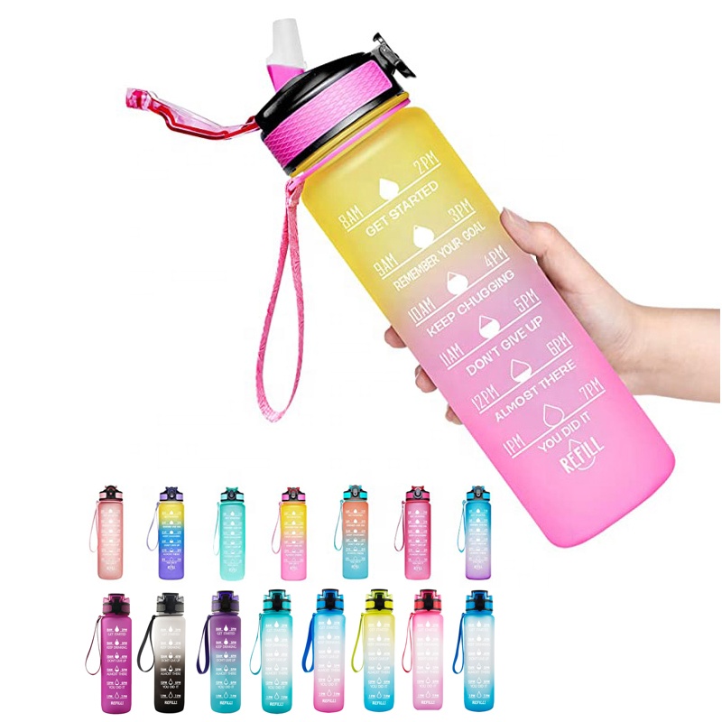 32oz 1L Tritan With Bounce Cover Frosted Leakproof Cup Motivational Water Bottle With Time Marker For Outdoor Sports Fitness