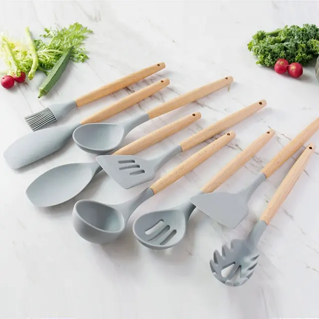 Premium 9 Pieces Silicone Kitchen Cooking Utensils Set Wooden Holder Kitchenware Set Grey