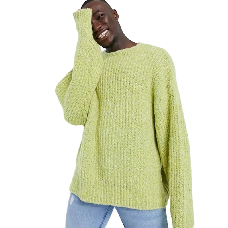 New Autumn Warm Comfortable Drop Shoulder Crewneck Wool Blend Knit Sweater Black Men's Sweater
