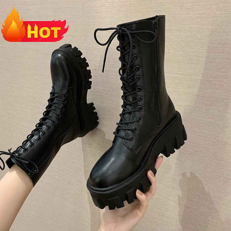 Fashion Lady Luxury Genuine Leather Platform Goth Ladies Martin High Heel Lace Up Ankle Boots Women Ladies Shoes