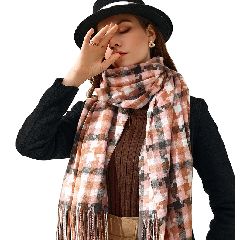 New autumn and winter women's medium and long Plaid tassel shawl
