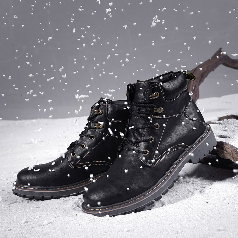 Large Size 46 Black Genuine Leather Warm Plush Winter Martin Boots For Men