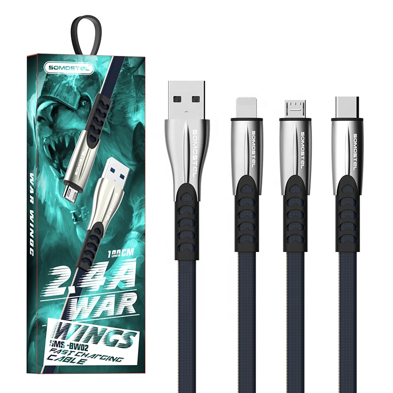 SOMOSTEL Cable USB SMS-BW02 Premium weave material 1m 2.4A High quality Zinc alloy USB data cable v8 tc iph for ios android