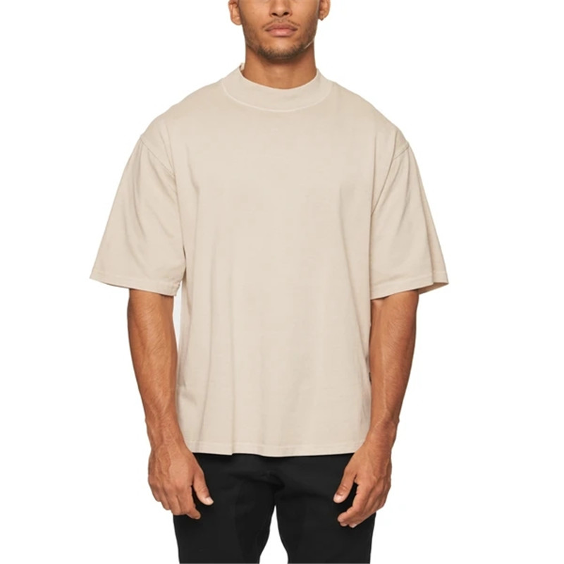 Custom Heavy Weight Black Color 100% Cotton Men's Oversized Boxy Fit Mock Neck Tee Shirt