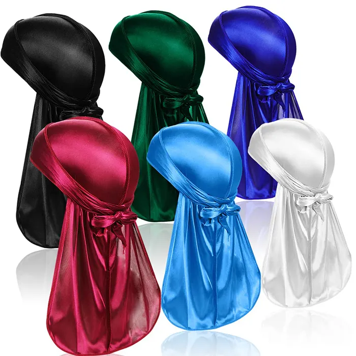 Custom Silky Headwraps Solid Designer Satin Durags Waves with Long Tail Durags for Men Silk