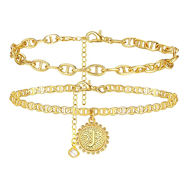 Amazon Hot Creative Rhinestone Anklets With Letters Copper Layered Anklet With Charm Round Letter Pendant
