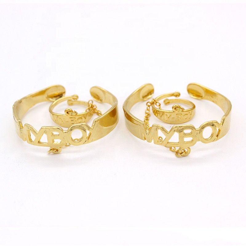 Bomei Jewelry High Quality Baby Boy Jewelry 18K Gold Metal Engraved My Boy Design Cuff Bangle Bracelet With Ring For Baby Boy