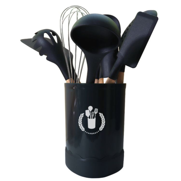 Wholesale Silicone Cookware Kitchen Tools Set With Stainless Steel Spatula Spoon and Wood Handle Utensils Includes Grater Stand